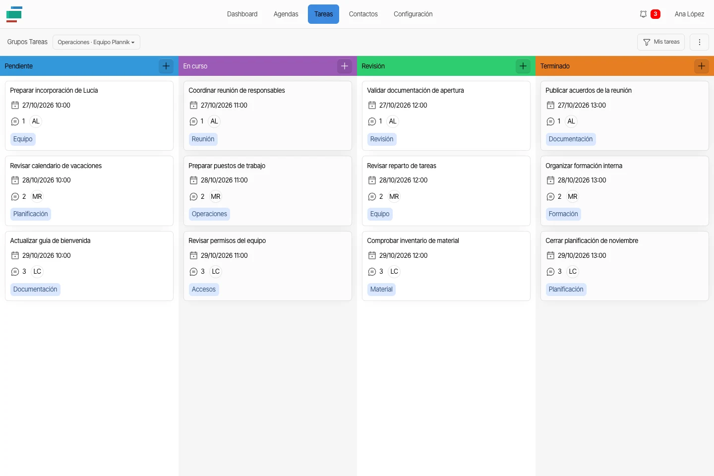 Interfaz de Plannik con datos de ejemplo para coordinación interna