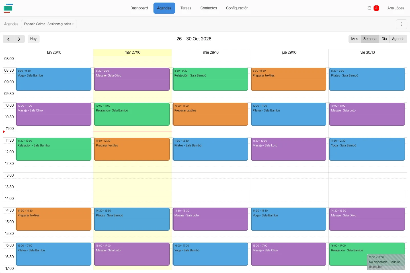 Interfaz de Plannik con datos de ejemplo para wellness